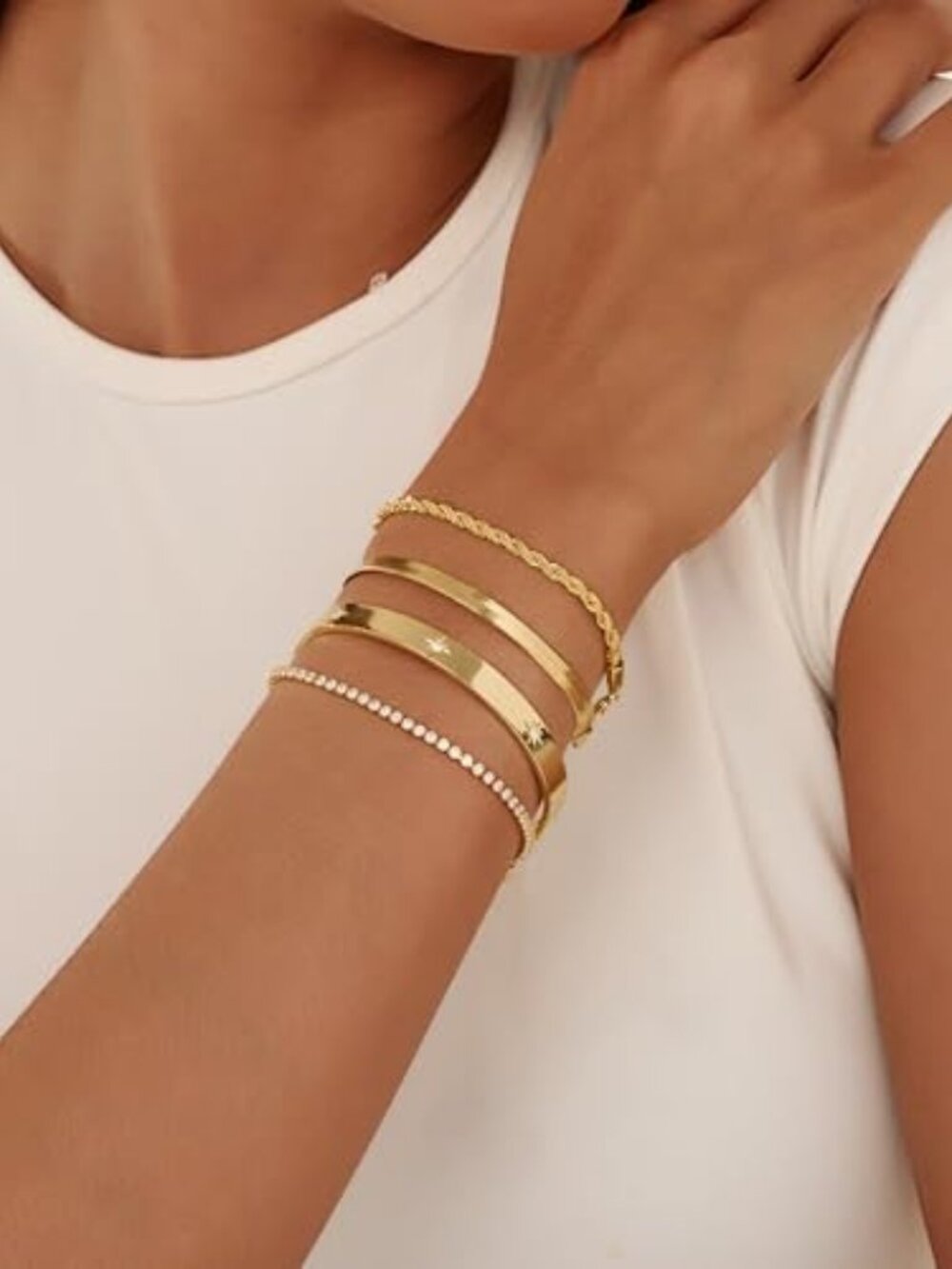 New - Gold Bracelets for Women 14K Gold Plated Stack Trend Bracelets Charm Paper